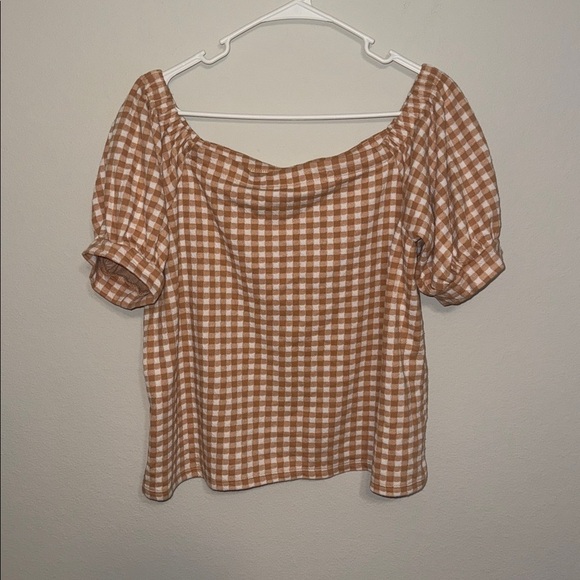 LOFT Beige Gingham Off-Shoulder Blouse - Large - NWT. O - Picture 1 of 6
